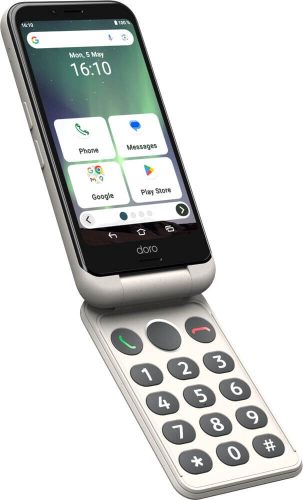 Open flip phone with large numeric keypad and touchscreen; home screen shows app shortcuts such as Phone, Messages, Google, Play Store.