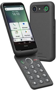 Doro flip-style phone with a touchscreen on top and a large numeric keypad on the bottom section.