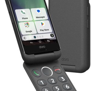 Doro flip-style phone with a touchscreen on top and a large numeric keypad on the bottom section.