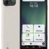 Beige smartphone showing front display with four app widgets (Phone, Messages, Google, Play Store) and a dual‑camera module on the back.