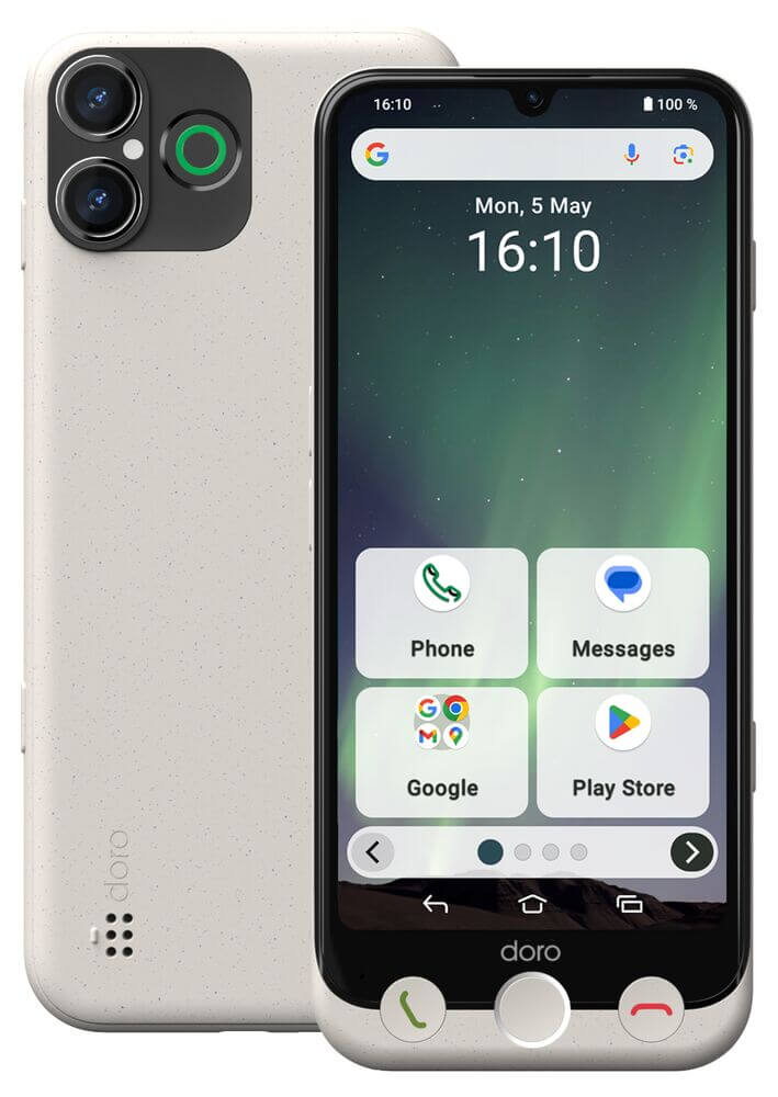 Beige smartphone showing front display with four app widgets (Phone, Messages, Google, Play Store) and a dual‑camera module on the back.