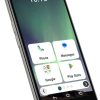 Tilted smartphone displaying home screen with four app tiles: Phone, Messages, Google, Play Store; time 16:10 visible.