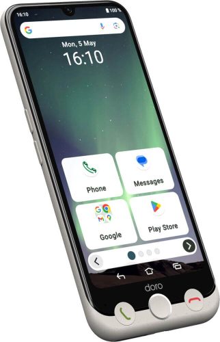 Tilted smartphone displaying home screen with four app tiles: Phone, Messages, Google, Play Store; time 16:10 visible.