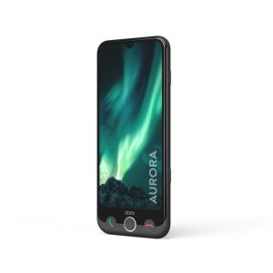 Black touchscreen smartphone standing upright with aurora wallpaper and edge-side buttons visible on a white background