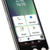 Tilted smartphone displaying home screen with four app tiles: Phone, Messages, Google, Play Store.