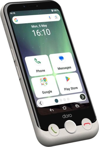 Tilted smartphone displaying home screen with four app tiles: Phone, Messages, Google, Play Store.