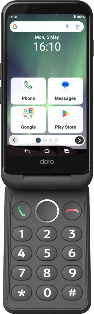 Foldable two‑screen phone open to home screen showing four app tiles: Phone, Messages, Google, Play Store; status bar shows 16:10 and date Mon, 5 May.