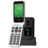 White dual-piece cordless flip phone with a large keypad and charging dock; screen shows 09:30 and Menu (Doro brand).